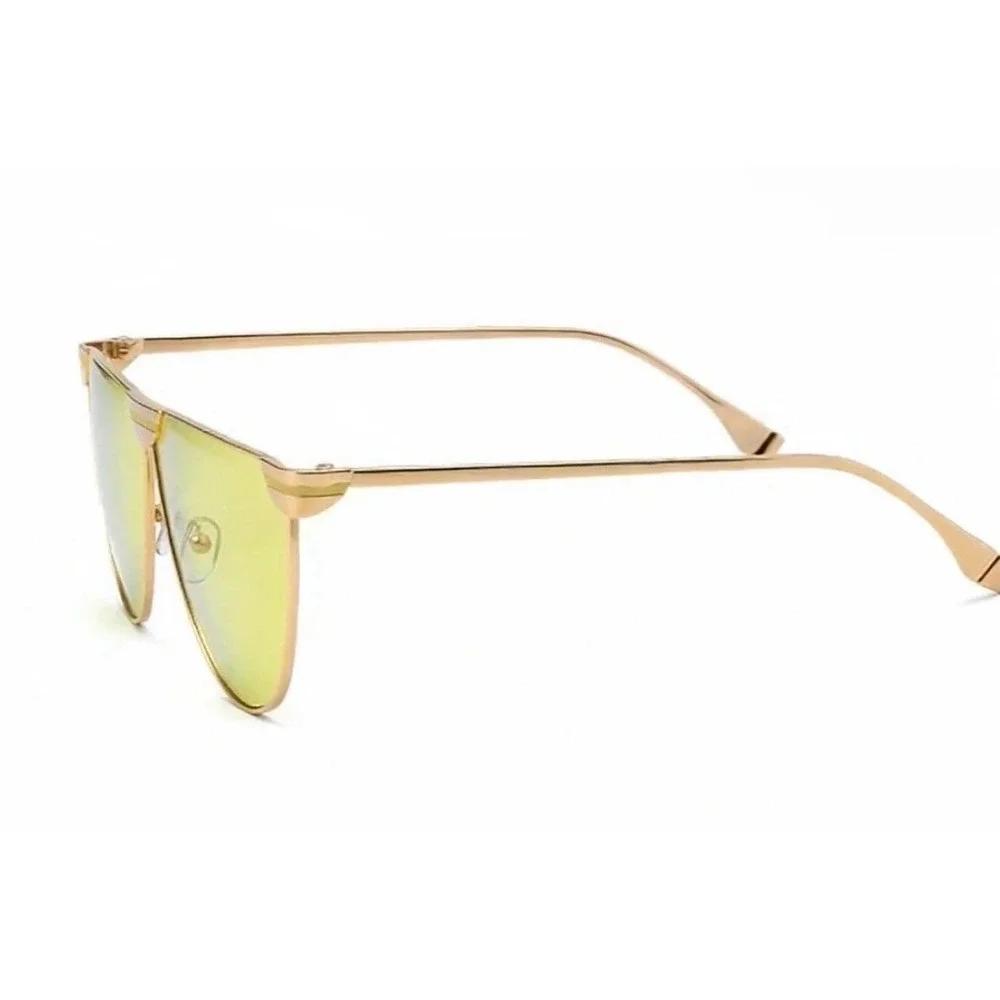 Mens Gold Sunglasses Yellow Tinted Lens Flat Top Metal Frame Retro Style Elegant